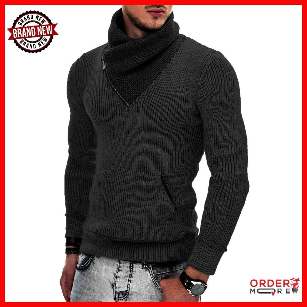 Men's Slim Fit Knitted Turtleneck Pullover With Pockets Shawl Collar